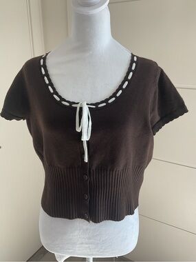 **ANKO** Cropped Brown Knit Top with White Tie Detail { see photos for size }